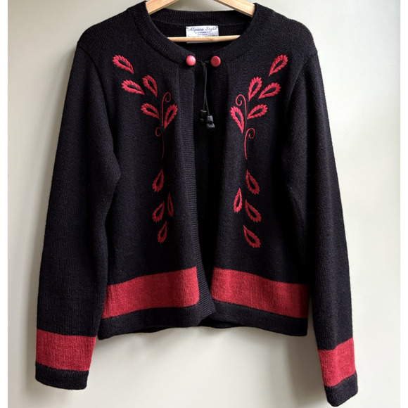 VTG Alpaca Wool Embroidered Leaf Cardigan Black Red Tassel Tie Asian Artisan L - Picture 1 of 13